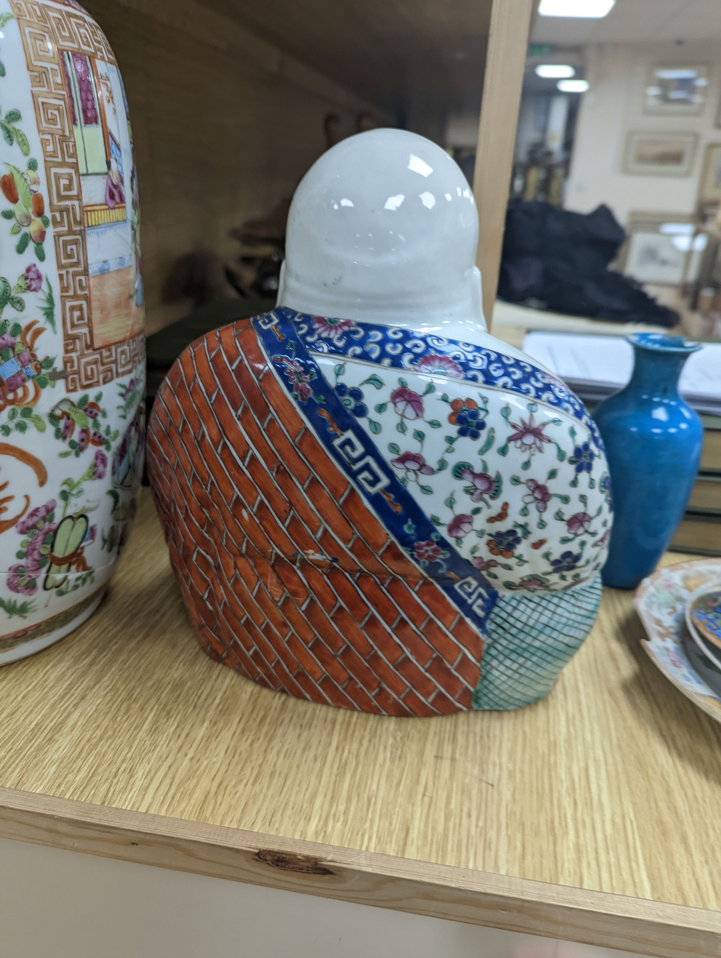 A Chinese famille rose vase, a figure of Budai, a turquoise glaze vase etc, vase 45 cms high.